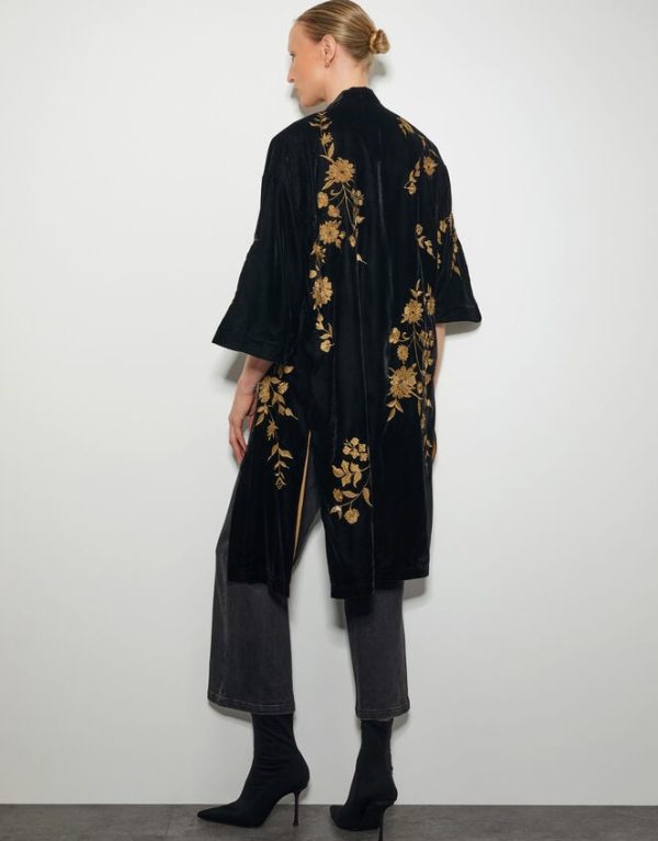 Monsoon Kendra Embroidered Floral Velvet Kimono Black - Image 3