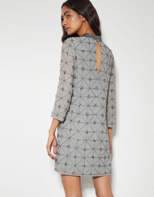 Monsoon Adele Hand-Beaded Long Sleeve Mini Dress Grey - Image 3