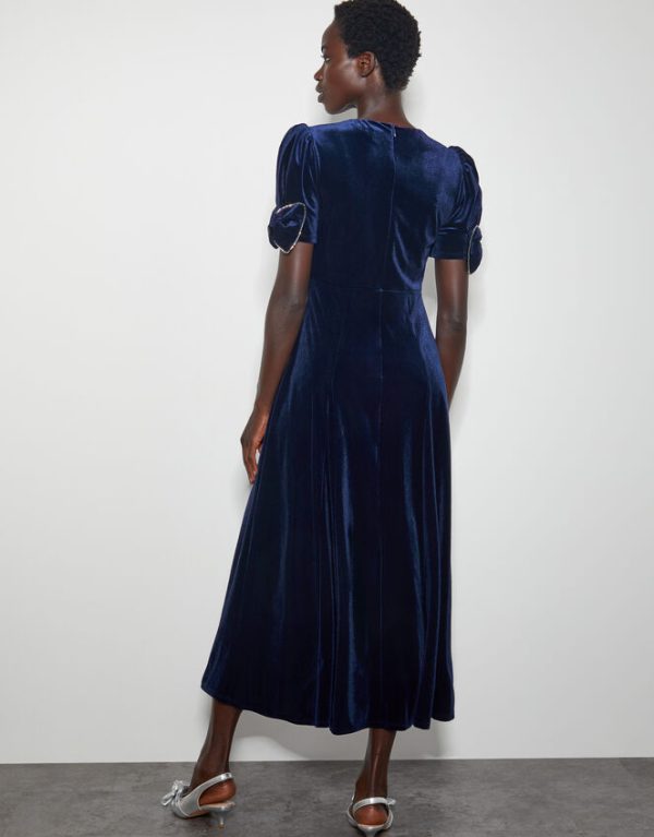 Monsoon Belle Bow Sleeve Velvet Midi Dress Blue - Image 3