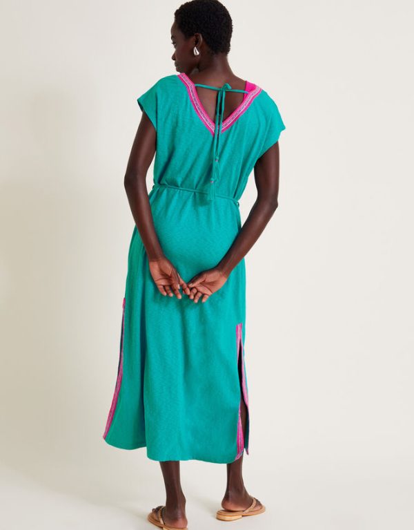 Monsoon Estela Embroidered Jersey Kaftan Dress Teal - Image 3