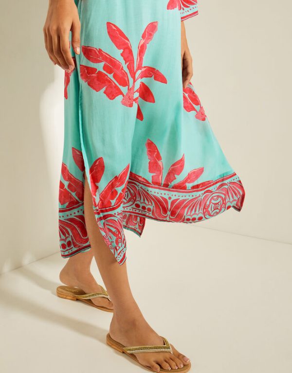 Monsoon Pamela Palm Print Kaftan Dress Green - Image 3