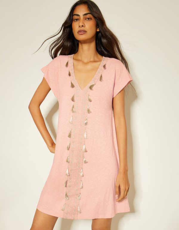 Monsoon Jodie Tassel Beach Tunic Mini Dress Pink - Image 3