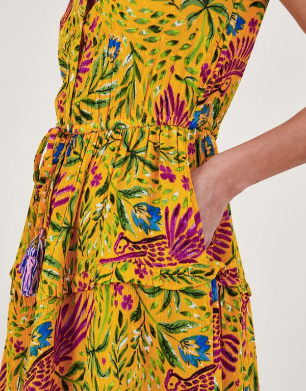 Monsoon Floral and Palm Print Dress Yellow - Image 2