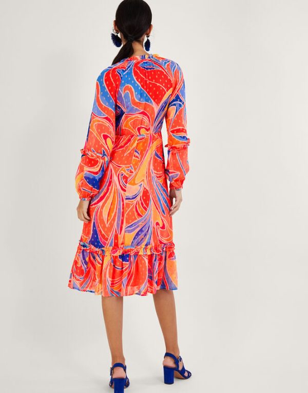 Monsoon Ariel Print Tiered Dress Orange - Image 3