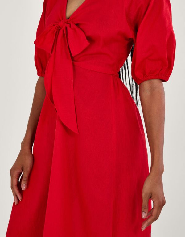 Monsoon Inez Plain Tie Front Midi Dress Red - Image 2