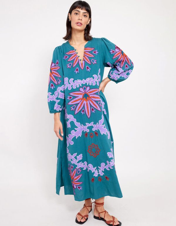 Monsoon East Taylor Embroidered Dress Teal - Image 4