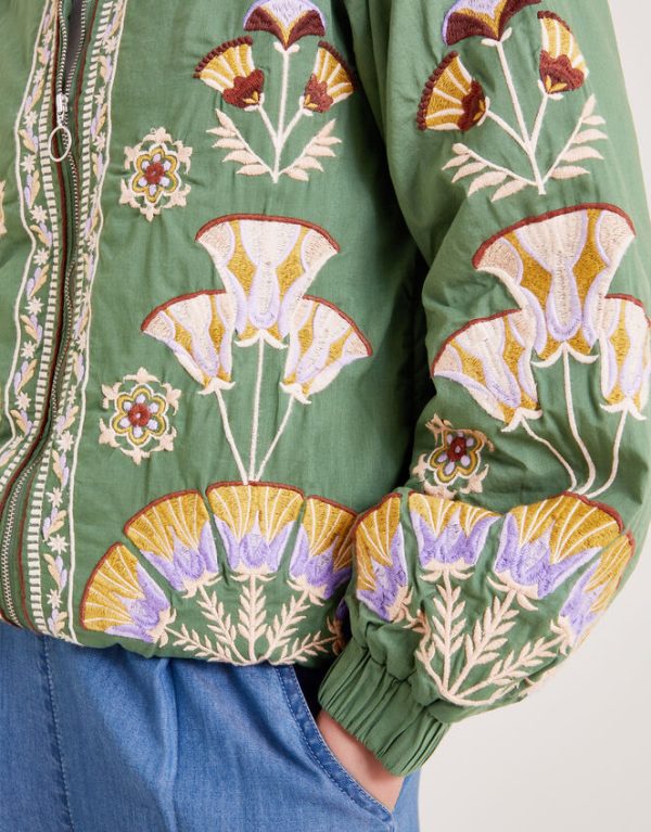 Monsoon Cristina Embroidered Bomber Jacket Green - Image 4