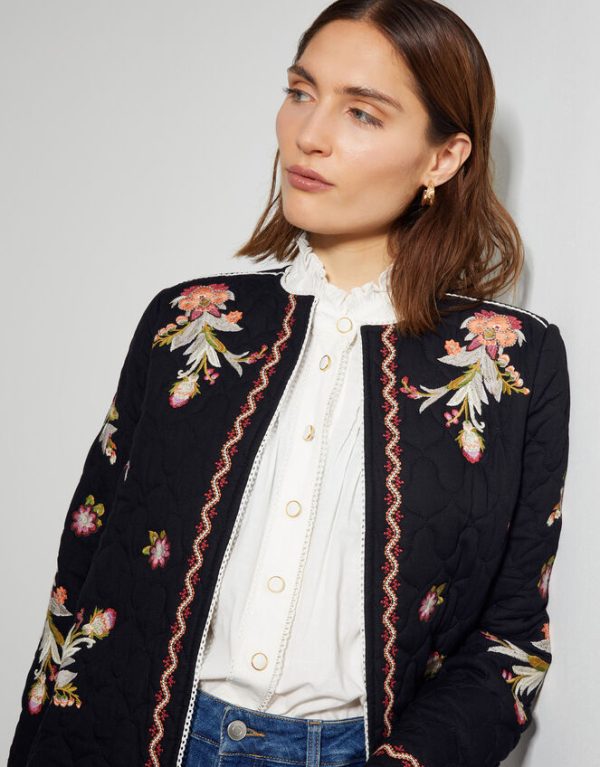 Monsoon Elisha Floral Embroidered Quilted Jacket Black - Image 4