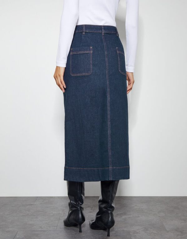 Monsoon Bree Button Denim Midi Skirt Blue - Image 4