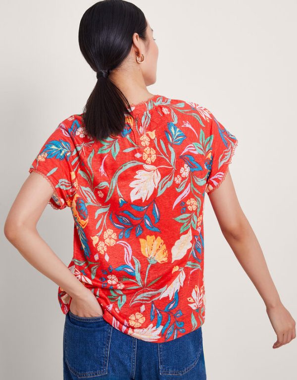 Monsoon Alma Print Linen T-Shirt Red - Image 3