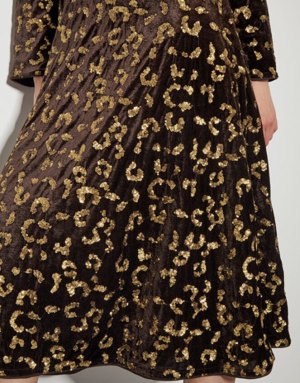 Monsoon Arwen Sequin Leopard Velvet Midi Dress Brown - Image 4