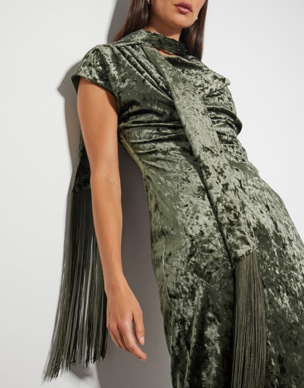 Monsoon Cece Crushed Velvet Cowl Midi Dress Green - Image 4