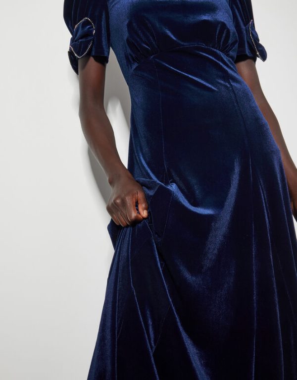 Monsoon Belle Bow Sleeve Velvet Midi Dress Blue - Image 4