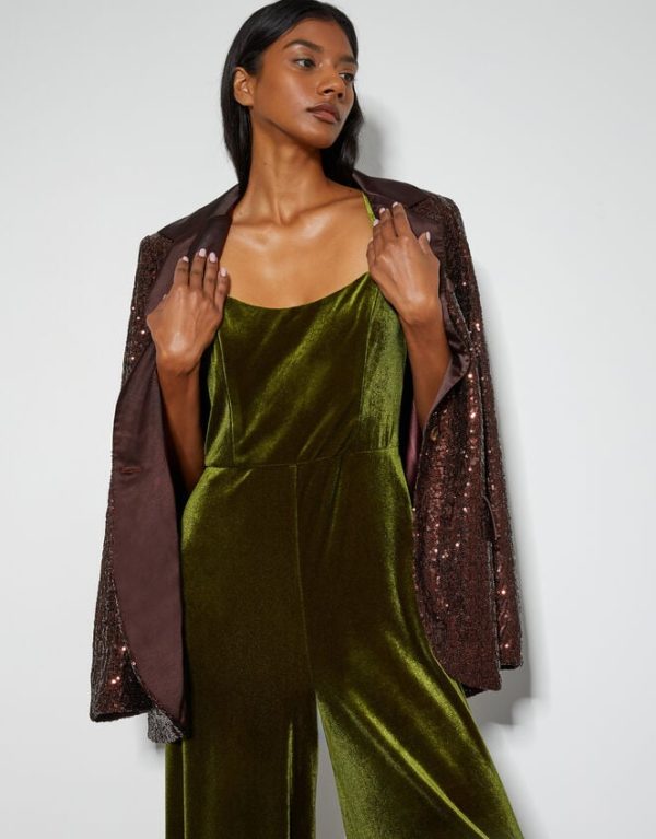 Monsoon Monsoon x Sarah Corbett-Winder Satin Bow Velvet Jumpsuit Green - Image 4