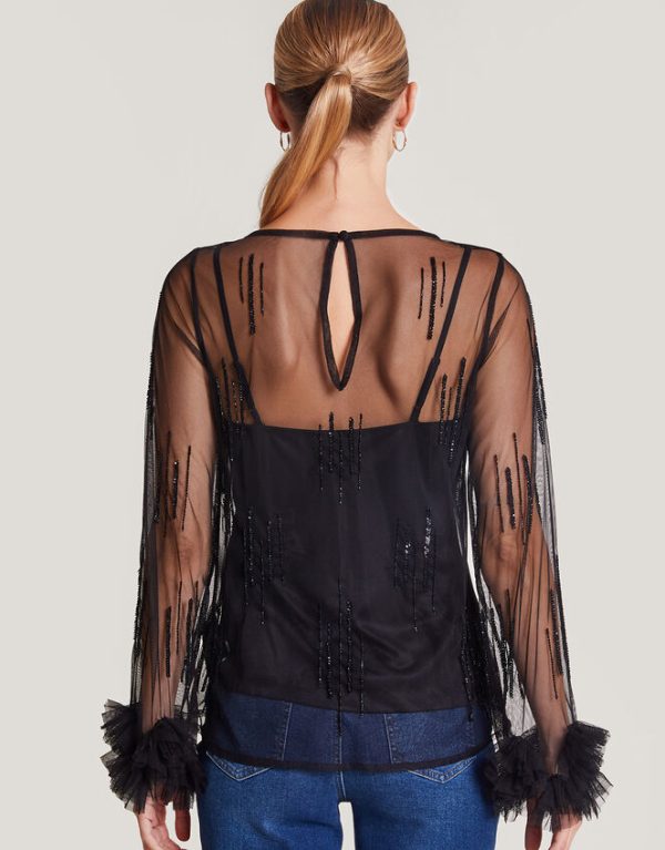 Monsoon Carmen Sheer Sequin Corsage Top Black - Image 3