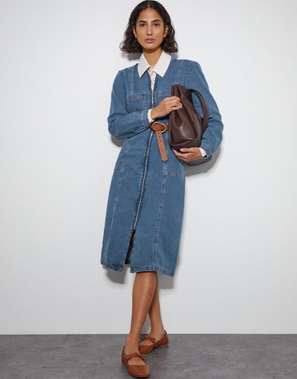 Monsoon Izzy Long Sleeve Denim Zip Midi Dress Blue - Image 5