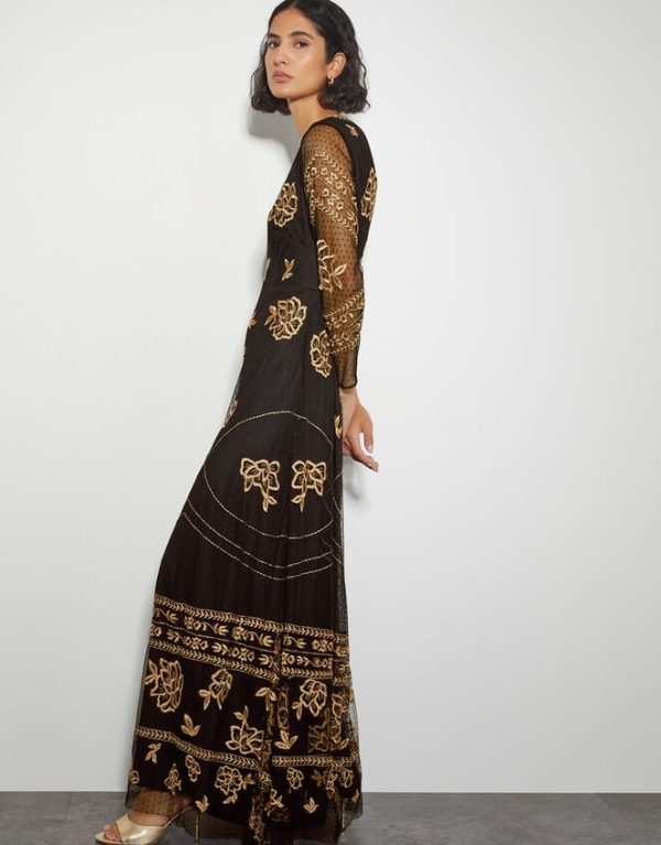 Monsoon Grace Embroidered Mesh Sleeve Maxi Dress Black - Image 5