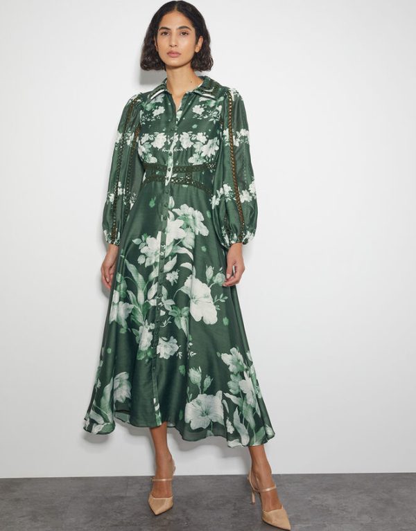 Monsoon Amari Floral Midi Shirt Dress Green - Image 5