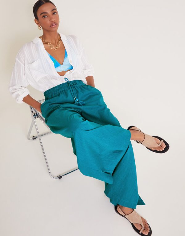 Monsoon Yara Plain Wide Leg Trousers Teal - Image 5