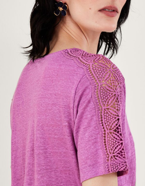 Monsoon Button Through Lace Linen T-Shirt Purple - Image 4