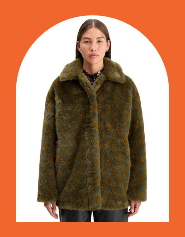 Monsoon Scotch and Soda A-Line Chevron Faux Fur Coat Green